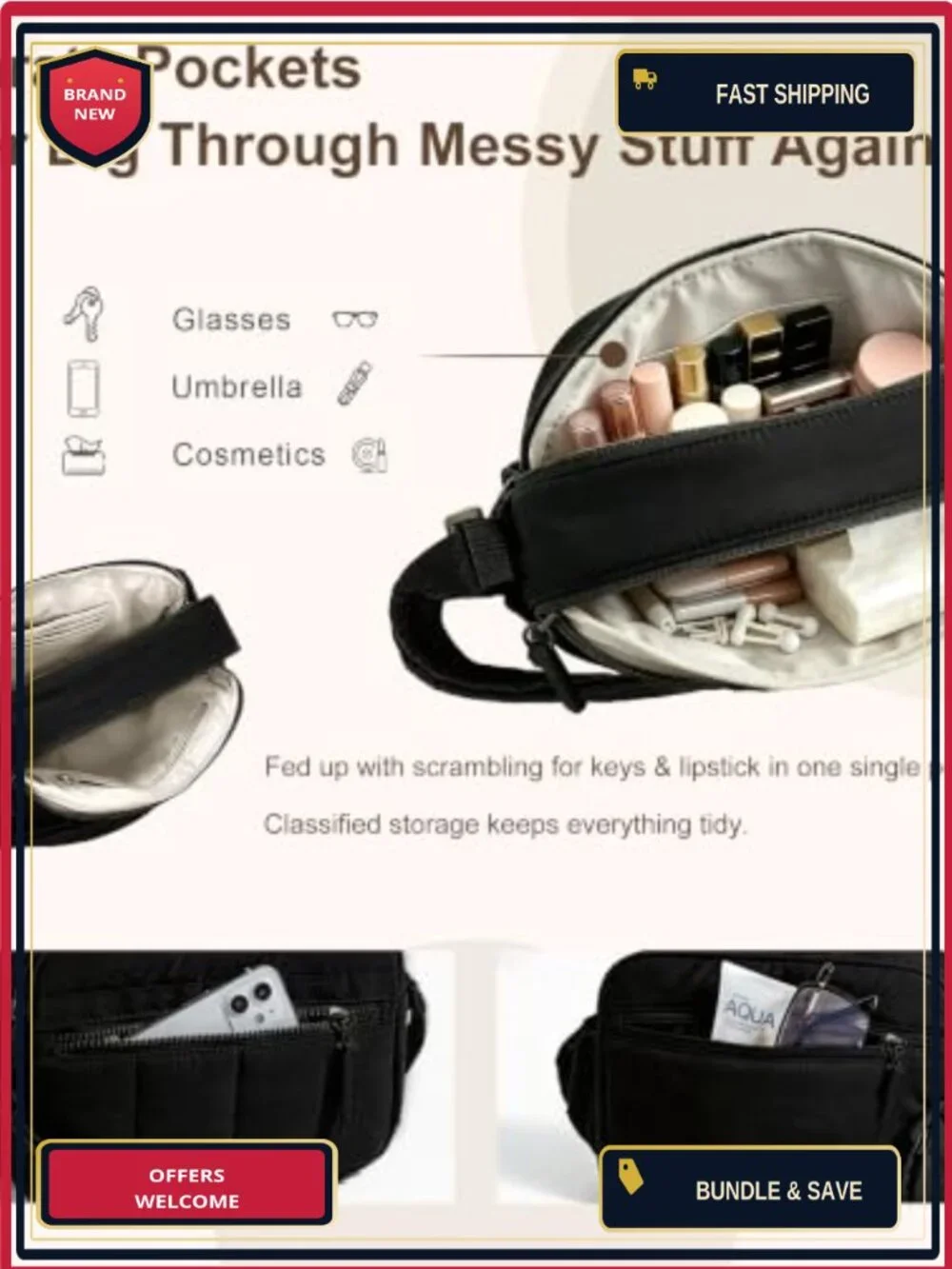 Puffer Crossbody Bag with Double Zip, Nylon, Padded Strap, Travel Gym